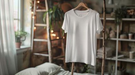 White Women's T-shirt Mockup Hanging on a Rustic Ladder in Cozy Room
