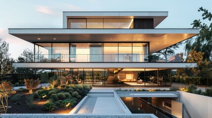 Fototapeta premium Sleek suburban house with a cantilevered second floor over a glass-walled first floor, surrounded by minimalist landscaping