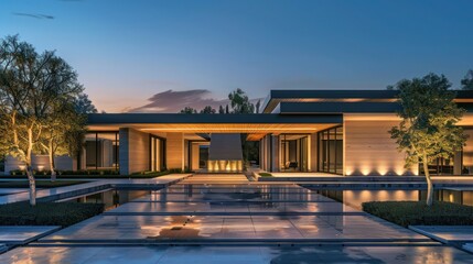 Fototapeta premium Sleek suburban luxury home featuring a flat roof, geometric lines, and a discreet water feature at the entrance