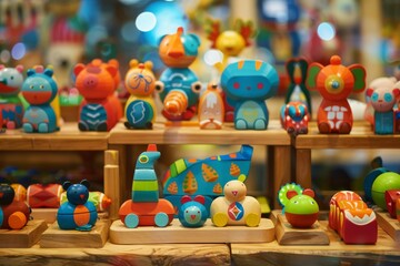 A colorful assortment of handcrafted wooden toys on a display table Hyper realistic. Shot with canon 5d Mark III --ar 3:2 --style raw Job ID: ad18773b-1124-47fb-96db-746a51b88f59
