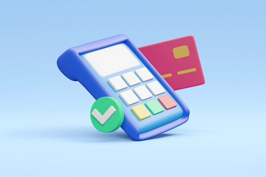 3D render depicting a card reader, a credit card, and a check mark to represent the concept of successful payment. The card reader and credit card illustrate the process of electronic transactions