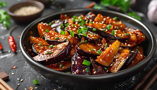Hot spicy stew eggplant in Korean style with green onion. Aubergine saute. Vegan food