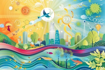 Vibrant illustration showcasing humans coexisting with nature, promoting a pollution-free environment. The artwork highlights the importance of sustainability and eco-friendliness.