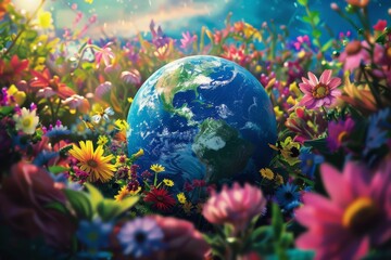 Naklejka premium A colorful illustration of planet Earth surrounded by vibrant flowers and happy animals. Hyper realistic. Shot with canon 5d Mark III --ar 3:2 --style raw Job ID: 620ec7c6-7dbd-41c6-b4fe-13903b0368f3