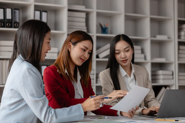 Fototapeta premium three businessperson are working in the modern office, group of employee has discussion about new project, working as teamwork is more effective, coworkers are brainstorming to planing great strategy