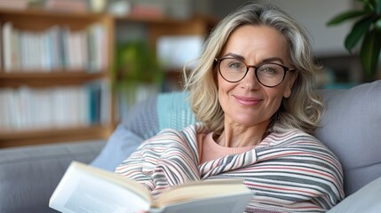 A woman, wearing eyeglasses, sits on a comfortable grey couch wrapped in a striped blanket reading a book. Background features bookshelves, representing leisure activities.