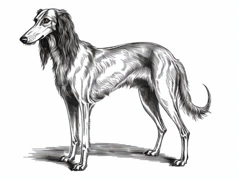 recommend clip art: Black and white Vintage engraved art of a Saluki isolated on white background, ink sketch illustration, simple vector art design, highly detailed line art, high contrasty. 