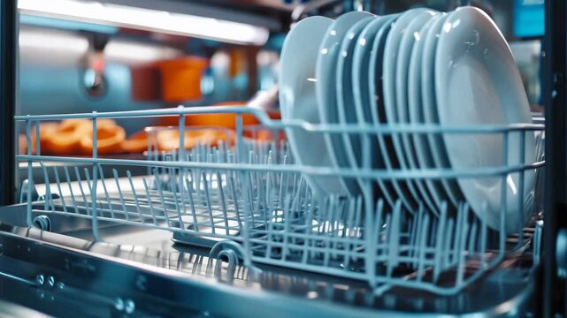 Clean dishes neatly arranged in an open dishwasher in a modern kitchen