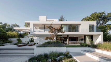 Fototapeta premium Sleek, white minimalist suburban home with expansive outdoor terraces and a sculpted garden landscape Include copy space for text
