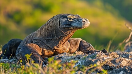 Obraz premium A Komodo Dragon standing on a rock with watchful status, overlooking its surroundings