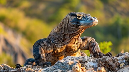 Obraz premium A Komodo Dragon standing on a rock with watchful status, overlooking its surroundings