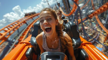 happy girl on the roller coaster