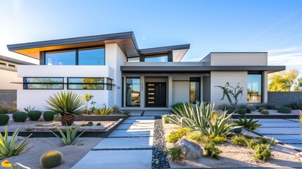 Fototapeta premium contemporary suburban home with a bold architectural design, featuring sharp angles, a flat roof, and a front yard with an eco-friendly xeriscape