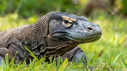 Fototapeta premium A close up image of a Komodo Dragon laying on the grass with a watchful state