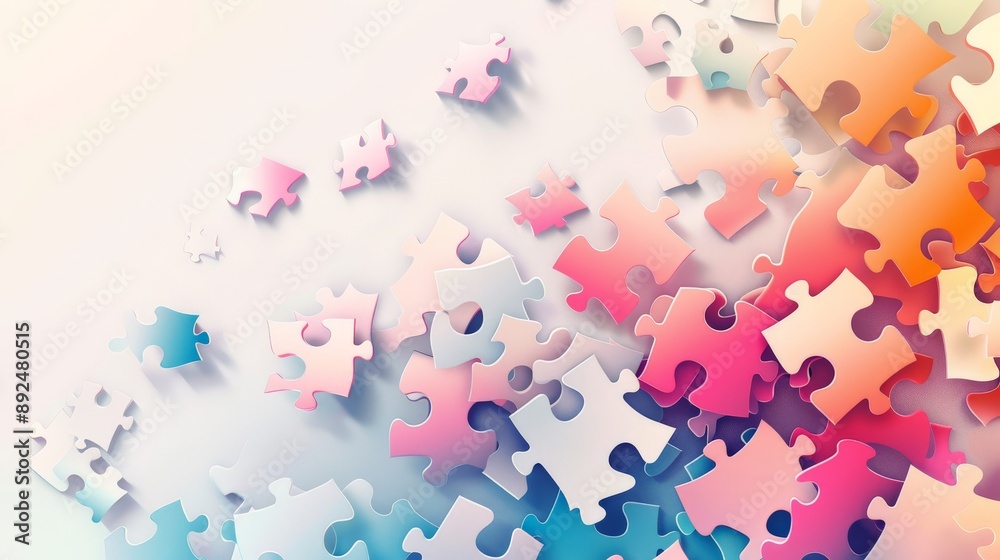Poster scattered pastel puzzle pieces creating an abstract background. concept of creativity and organizati