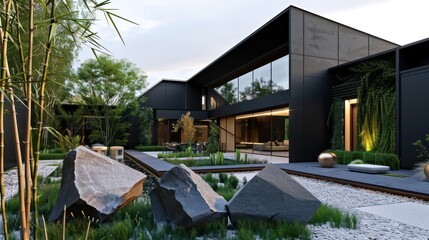 contemporary suburban home with an all-black exterior and geometric design, featuring a minimalist garden with bamboo and polished stone sculptures