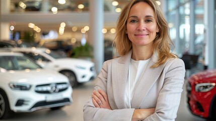 A confident businesswoman with folded arms smiles in a car showroom, surrounded by cars. The space is modern and clean, emphasizing professionalism and success.