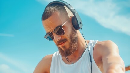 A young man wearing headphones and a white tank top, DJing outdoors under the bright sunny sky, symbolizing youth, music, and a lively summer vibe at an event.