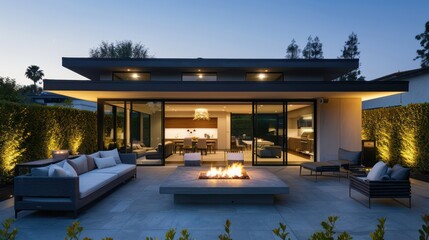 Obraz premium contemporary suburban retreat with large sliding glass doors and a flat roof, featuring an outdoor living area with modern furniture and a fire pit, set against a backdrop of tall privacy hedges