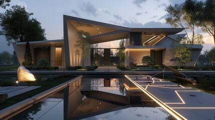 Fototapeta premium Suburban home front view showcasing a geometric design, hidden lighting, and a reflection pool leading to the front door