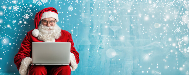 Santa claus using laptop on blue winter background