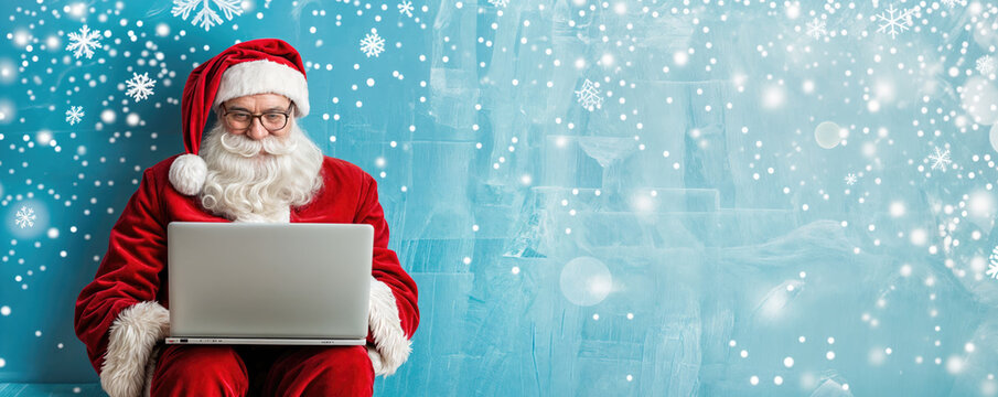 Santa claus using laptop on blue winter background