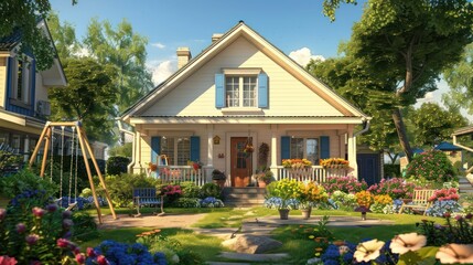 cozy suburban cottage with a cream facade and blue shutters, featuring a front yard with a swing set and a flower garden with brightly colored blooms