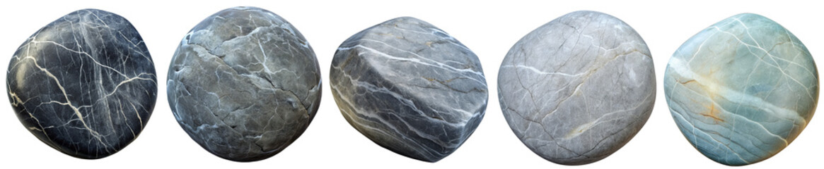 Fototapeta premium Sea pebbles. Sea stones set with white veins and natural texture. Isolated on transparent white background, png