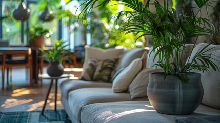 Fototapeta premium indoor plant decor, liven up your living room with strategically placed fresh green plants, introducing a natural touch and vibrant atmosphere