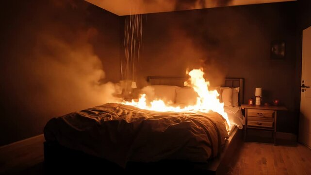Burning Bed in Bedroom With Thick Smoke