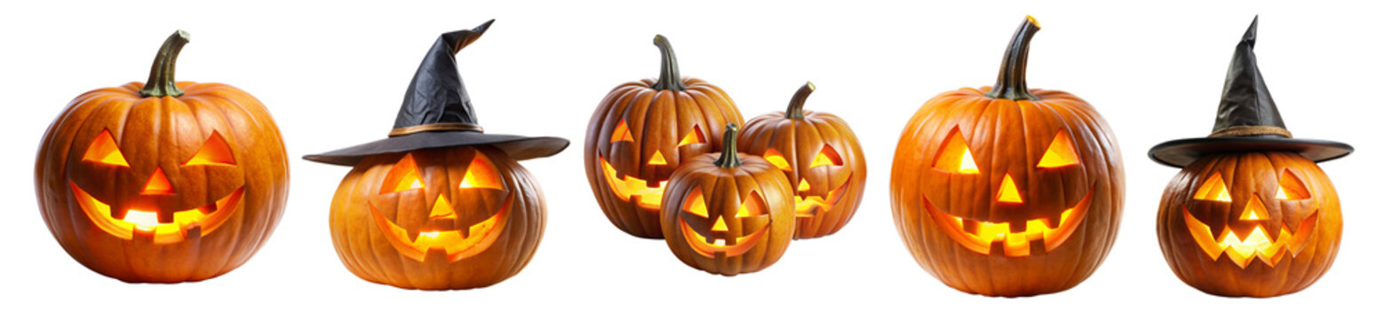 Halloween pumpkins set isolated on transparent white background, png. Halloween carved pumpkin lanterns with smiling faces and witch hats.