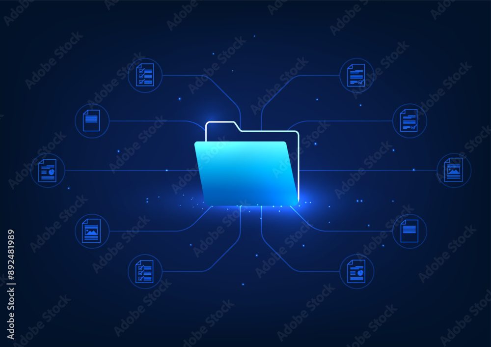Poster digital data storage technology document file icon linked to document sheet it represents digital do