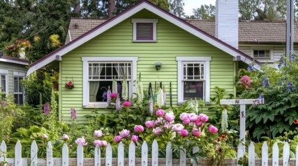 Fototapeta premium cozy suburban cottage with a sage-green facade, surrounded by a flower garden full of peonies and foxgloves, and a vintage white picket fence