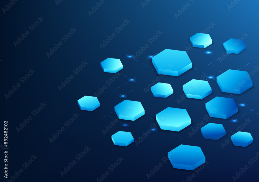 Poster abstract background technology hexagonal geometric shapes placed on digital lines of various sizes. 