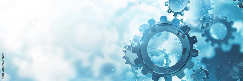 Poster mechanical gears with blue light and bokeh background. industrial engineering and machinery concept.