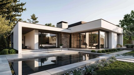 modern suburban cottage with clean, sharp lines and a neutral color palette, featuring a front yard with a sleek infinity pool and minimalist landscaping