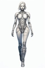 futuristic female cyberfighter in metal suit on white background