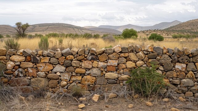 Image of mud and stone wall from historic kraal in landscape with space for text