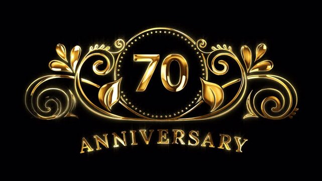 70th Anniversary Celebration. Golden 70 Years Anniversary Animation in Gold Color on the Transparent Background, Alpha Channel. Great for greetings, celebrations, events, and gifts.