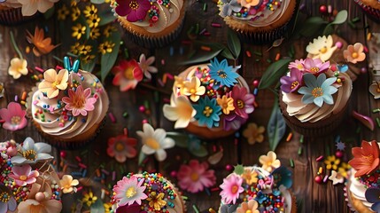 Fototapeta premium Enchanting Cupcakes Seamless Pattern with JewelToned Mirror Glaze and HandPiped Floral Garlands