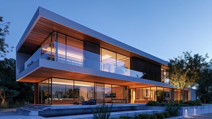 Fototapeta premium Suburban home with a minimalist design, featuring a blend of wood and glass, under a clear evening sky