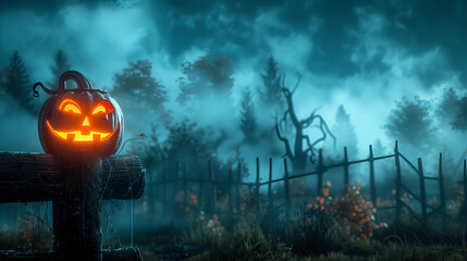 Naklejka premium 3D Halloween scene featuring pumpkin with misty somke and copy space for text.