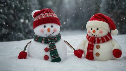 Obraz premium Merry christmas and happy new year greeting card with copy-space.Happy snowman standing in christmas landscape.Snow background.Winter fairytale.