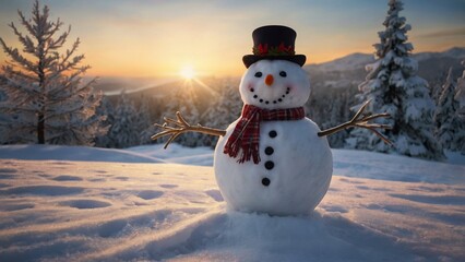 Obraz premium Merry christmas and happy new year greeting card with copy-space.Happy snowman standing in christmas landscape.Snow background.Winter fairytale.