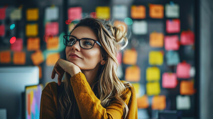 A thoughtful businesswoman strategizing a marketing campaign at her office, focusing intently on planning and decision-making to achieve business goals.