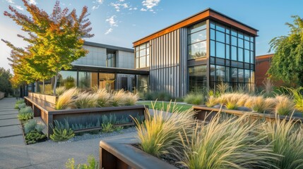 Obraz premium modern suburban home with an industrial aesthetic, featuring corrugated metal siding and large warehouse-style windows, surrounded by a garden with sleek steel planters and native grasses