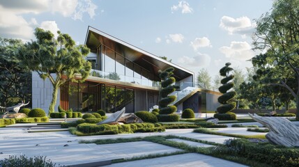 modern suburban home with a striking angular design, featuring a fa? section ade of glass and steel, and a meticulously landscaped garden with sculpted topiaries