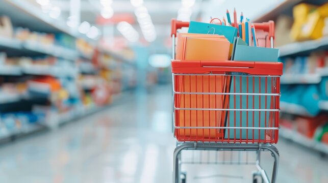 Parents and students shopping for school supplies, filling carts with notebooks, pens, and dorm essentials, preparing for the upcoming academic year with anticipation