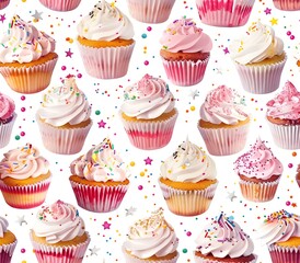 Enchanting Cupcakes Seamless Pattern with Bold Geometric Icing and Edible Glitter