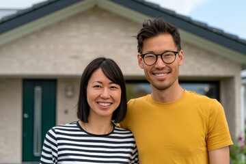 Fototapeta premium First-time homeowners standing in front of a sleek modern house, blending contemporary design with cultural heritage elements, lush garden surroundings, smiles of joy